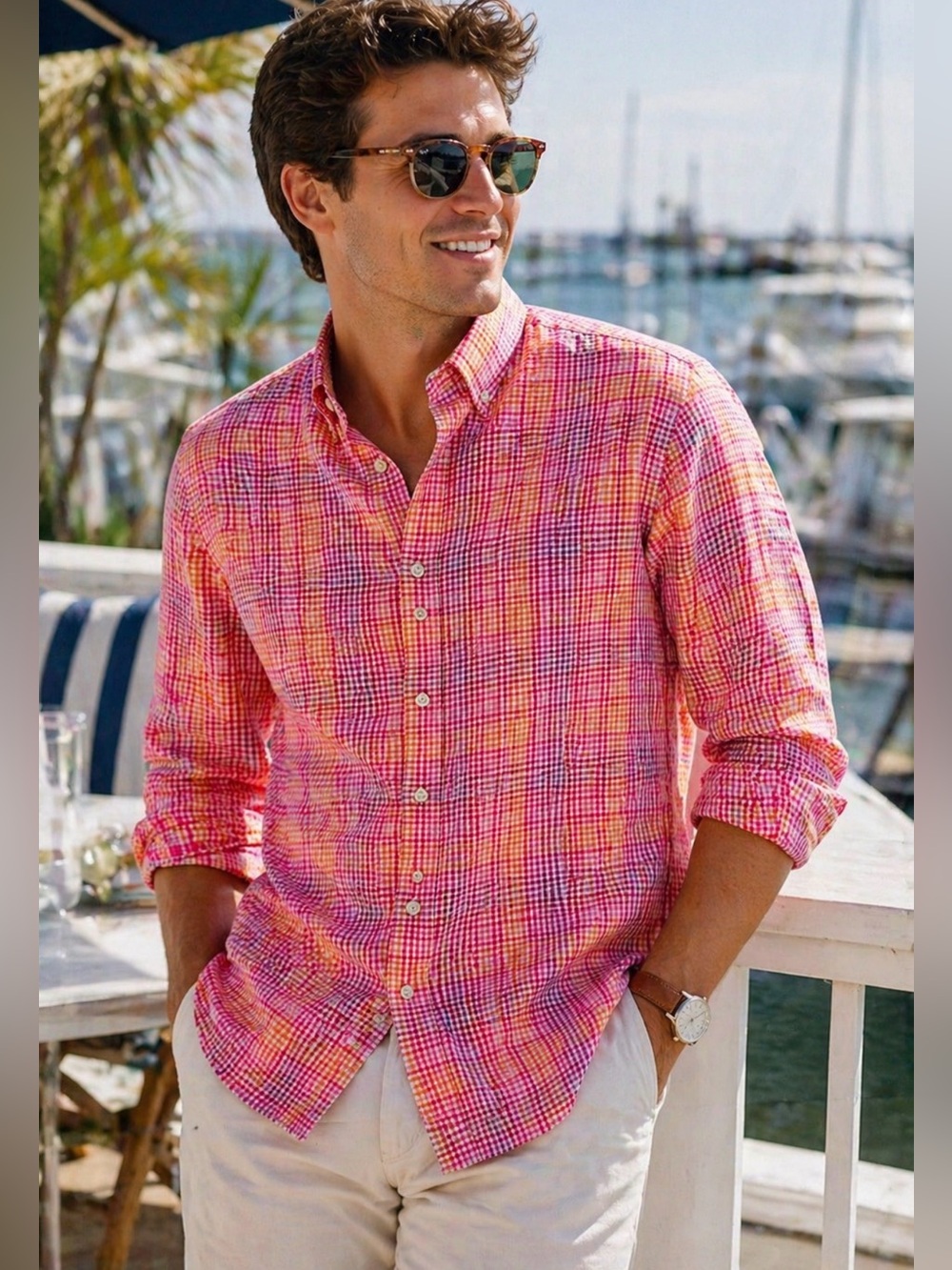 SCOTT BARBER GINGHAM BUTTON DOWN SHIRT MENS LARGE PINK ORANGE SUMMER PREPPY